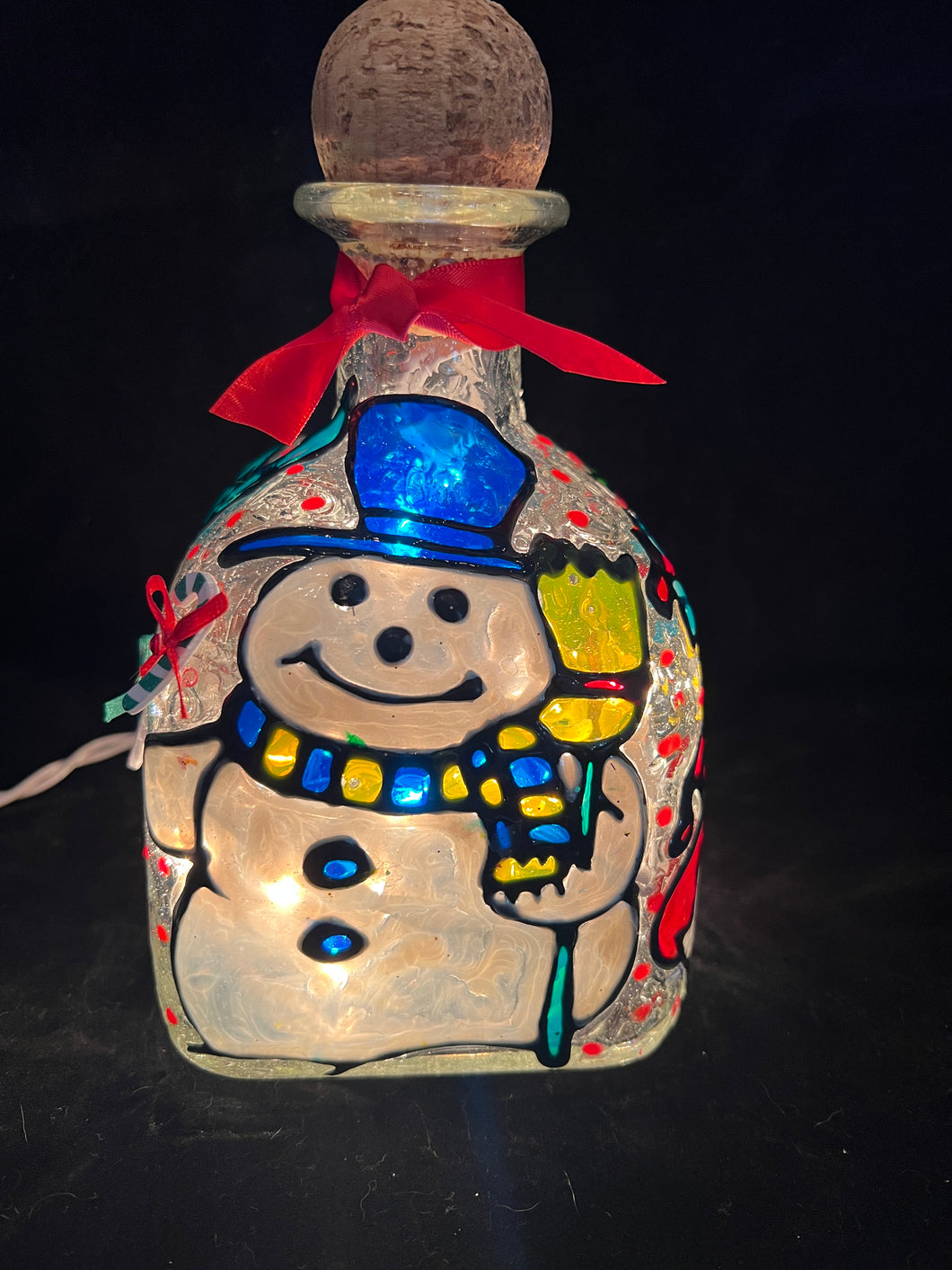 Lighted Christmas Bottle Lamp  Snowman, Christmas stocking, penguins and Christmas tree.